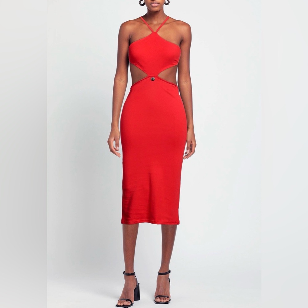 NWT! Sleek Red Midi Dress with Cutout & Crisscross Straps, Made in Italy